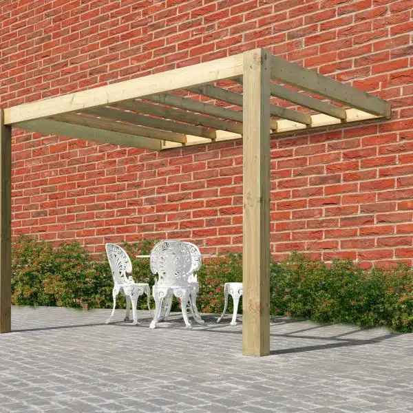 Lean-To Wooden Pergola against a brick wall in the garden