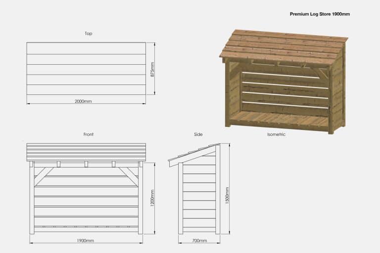 Wood store for logs with the design drawing dimensions being shown