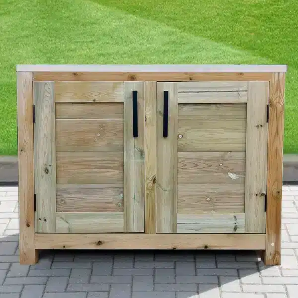 Outdoor Rustic Kitchen Cabinets With Stainless Steel Worktop
