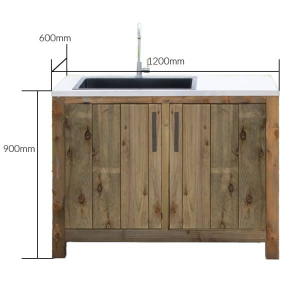 Measurements of outdoor kitchen cabinets with sink and two doors