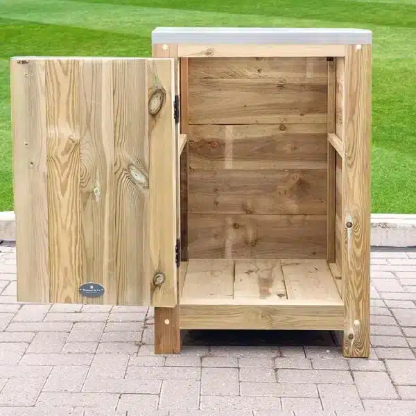 small wooden cookout unit with the door open